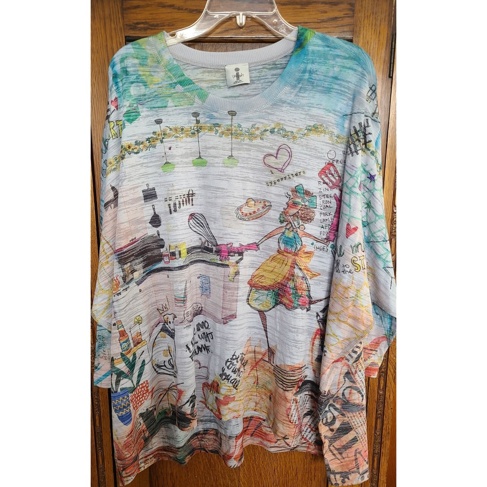 Inoah One Size Top Artistic Multimedia Graphic Print USA Made 3/4 Sleeve Multi